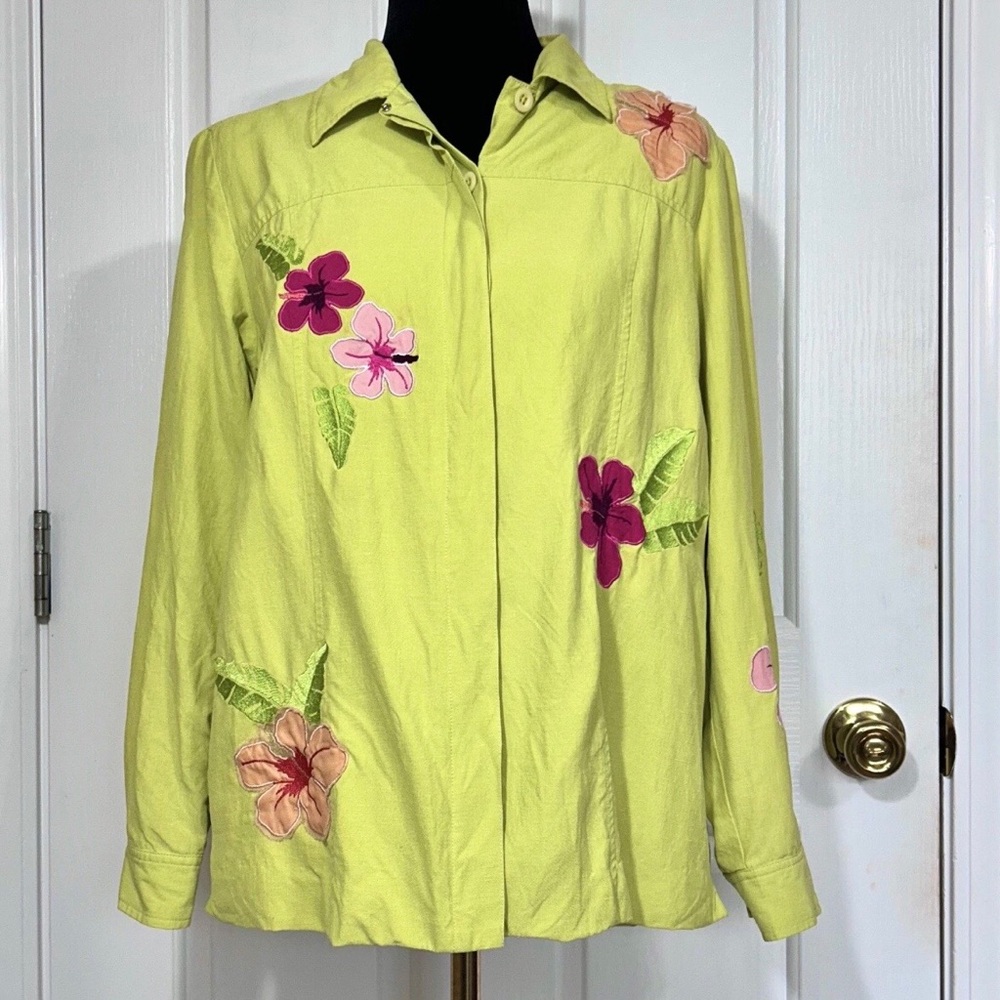 Laura Ashley Silk Linen Embroidered Hibiscus Jacket Shirt Lime Green Size M